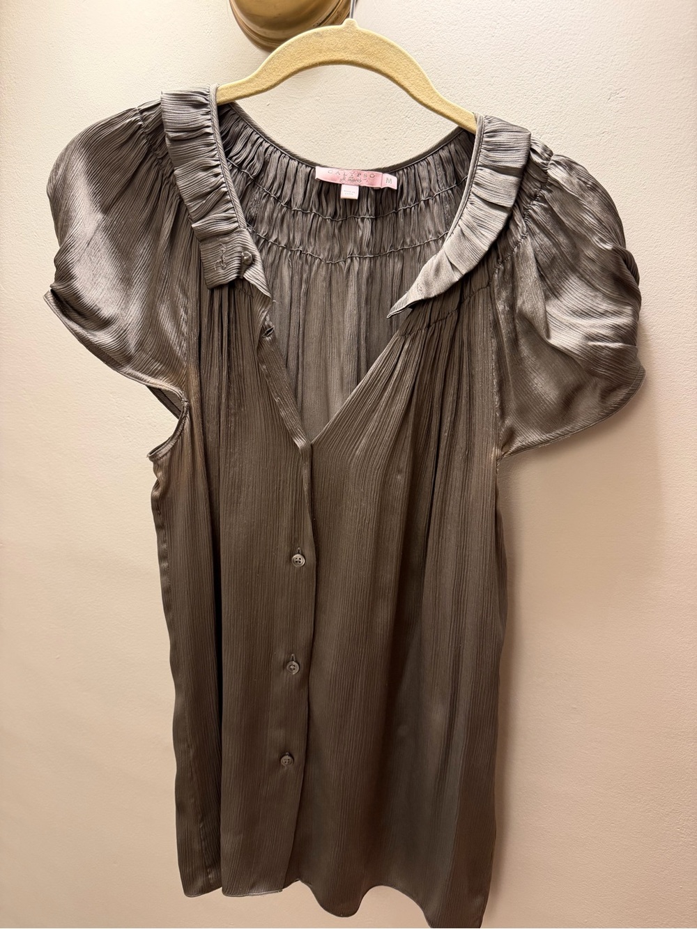 Calypso St. Barth 100% Silk Metallic Taupe Pleated Ruffle Blouse